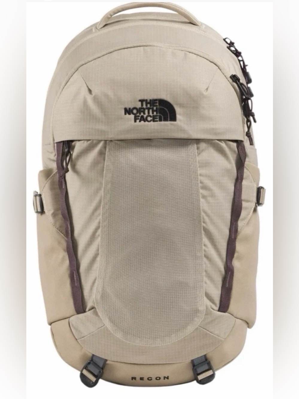 The North Face Recon Backpack in Beige with Maroon Accents